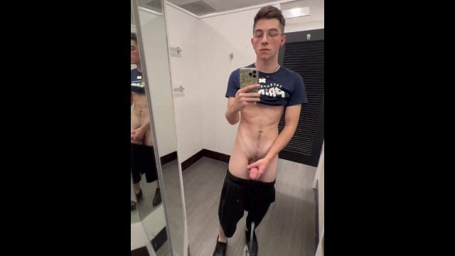 Twink boy cums on mirror in public dressing room